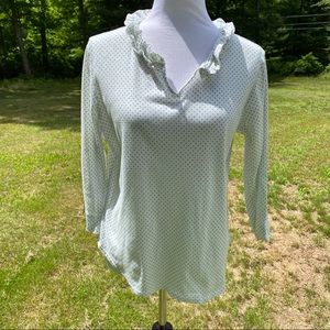SARA CAMPBELL BLOUSE TOP TEE WHITE BLUE DOT RUFFLE NECK 3/4 SLEEVE USA SIZE M